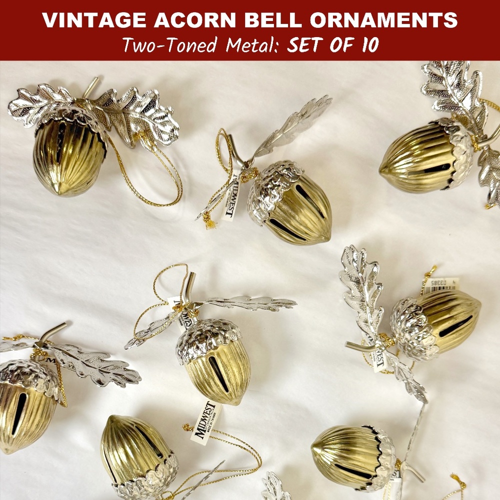 Vintage Acorn Metal Bell Christmas Ornament - Midwest of Cannon Falls- SET OF 10